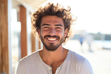 A man with curly hair and a beard smiles for the camera - obrazy, fototapety, plakaty