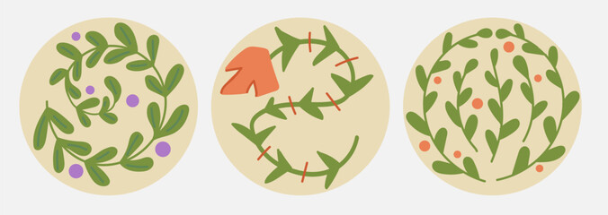 Groovy abstract floral circle shape. Retro wavy flower in modern naive style. Organic leaf and berry in pastel colors © Nastya