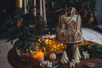 Gorgeous beautiful big homemade Christmas cake decorated with gingerbread house cookies in the living room. Festive cozy home atmosphere, lights on background, wooden table. Surprise for kids