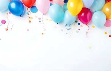 colorful balloons frame for birthday party celebration with empty copy space in center on light background soft light top view