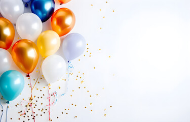 colorful balloons frame for birthday party celebration with empty copy space in center on light background soft light top view