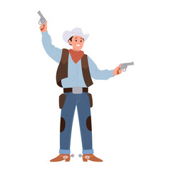 Young cowboy actor cartoon character in traditional costume and hat performing with revolvers