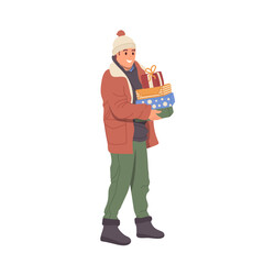 Young man cartoon character carrying stack of Christmas gift box packs for relatives congratulation