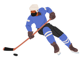 Fierce Hockey Player Character, Clad In Full Gear Glides Across The Ice, Stick In Hand, Determined And Focused