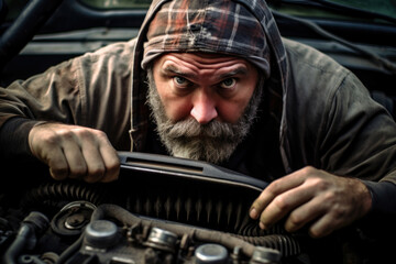A car mechanic appears shocked, surrounded by car parts, confronted with a sudden automobile breakdown - obrazy, fototapety, plakaty