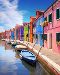 Fototapeta na wymiar Colorful houses and boats line a canal in Burano, Italy.