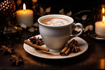Obraz na płótnie Canvas A delightful Christmas ambiance as a steaming cup of coffee takes center stage, adding warmth and holiday spirit