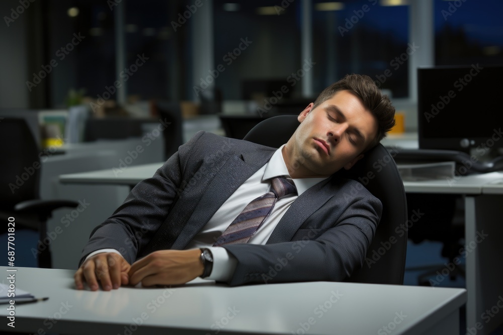 Wall mural photo of a manager sleeping on his desk in the office --chaos 25 --ar 3:2 --stylize 140 --v 5.2 Job ID: 8cbafc8f-4780-44c2-aa85-1dd64947e5d7 - Wall murals