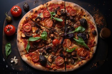 Seductively delicious pizza against a dark backdrop, a culinary masterpiece that shines in the shadows