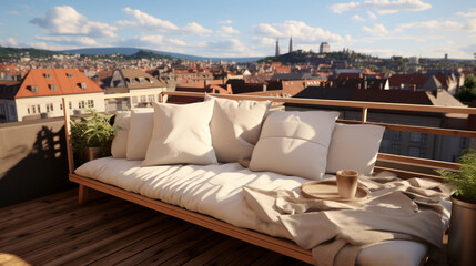 Modern cozy balcony, terrace with a comfortable seating area with seating, pillows and city views. Summer sunny day.