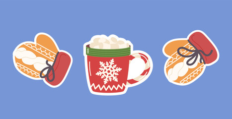 Warm mittens pair and mug of hot winter aromatic coffee drink with marshmallow isolated sticker