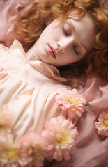Obraz na płótnie Canvas a young beautiful girl lying on the bed, head with wavy hair closeup, romance novel cover