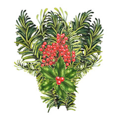Watercolor Christmas red and green bouquet of Christmas fir branches, holly for invitations, cards, stickers, labels, posters, frames and banners, winter patterns for Christmas, New Year
