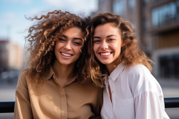 Fototapeta premium Two women with curly hair are smiling for the camera