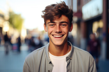 A young man wearing a denim shirt is smiling for the camera