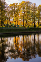 early autumn in city park or garden, green and yellow trees are reflected in lake or pond. beautiful view of nature in city. circular park for walking and quiet relaxation in Magapolis.
