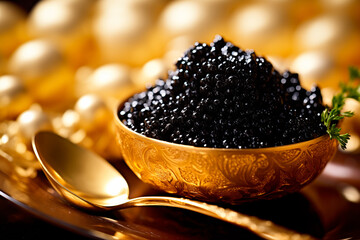 Closeup of natural black caviar in golden bowl on black background, texture of luxury fresh sturgeon caviar macro photo.