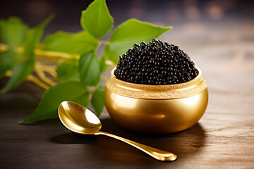 Closeup of natural black caviar in golden bowl on black background, texture of luxury fresh sturgeon caviar macro photo.