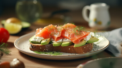 Toast with salmon, avocado, tomato and cream cheese, on a dark background. Tasty breakfast - obrazy, fototapety, plakaty