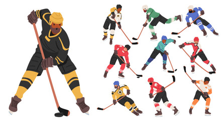 Hockey Players In Action. Agile Skaters Clad In Vibrant Jerseys Fiercely Chase The Puck, Sticks Clashing With Excitement