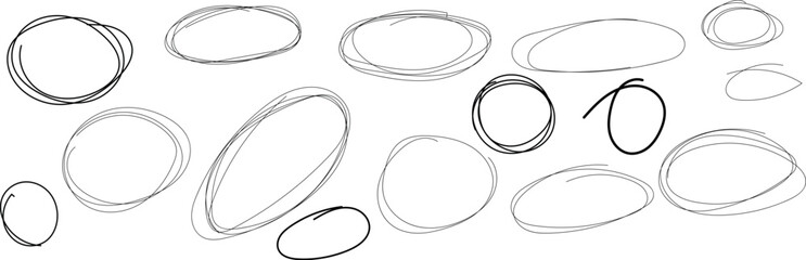 Set of circular scribbles doodle black line hand drawn element illustration. Vector collection of hand drawn line circles with editable stroke - obrazy, fototapety, plakaty