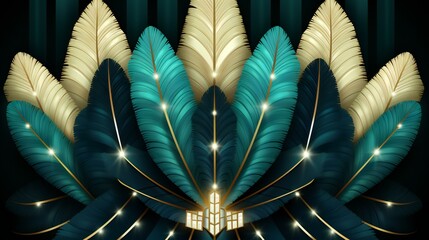 A colorful and beautiful abstract design, resembling feathers in shades of blue, green, and yellow