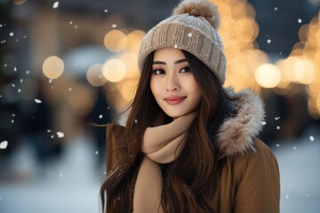 Happy attractive young asian woman walking in Christmas holiday. Outside. Xmas fair. Close up.