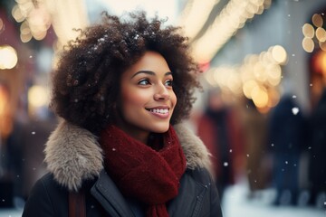 Happy attractive young black woman walking in Christmas holiday. Outside. Xmas fair. Close up.