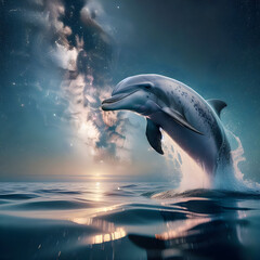 Delfín, Éxtasis Marino: Delfín Saltando en un Baile Acuático Espectacular, Aislado, Vía láctea