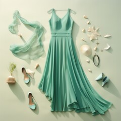 Stunning green dress paired with coordinated accessories and shoes, showcasing a complete and fashionable look