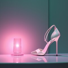 A fashionable high heel against a minimalist backdrop with a soft pink light and clear glass