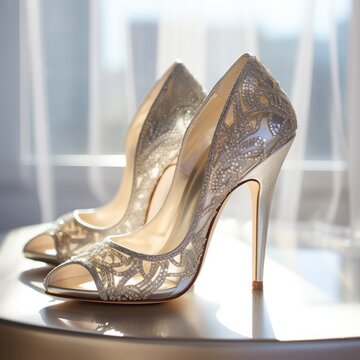 A pair of glittering, embellished high-heeled shoes gleam in the gentle light of a room