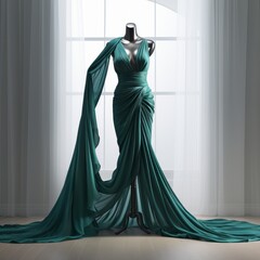A sophisticated emerald green gown drapes gracefully on a mannequin in a serene setting with curtains