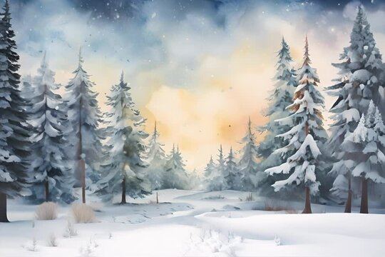 Watercolor winter scene with snow-covered trees, a snowy path, and a soft sunset glow in the background.