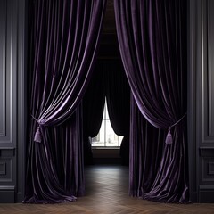Dark classical space with rich purple velvet curtains elegantly framing a sunlit window