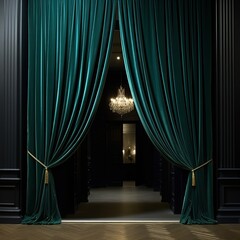 Grand entrance with opulent teal curtains revealing a room with an ornate chandelier - obrazy, fototapety, plakaty