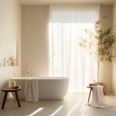 Fototapeta na wymiar A cozy, sun-filled bathroom featuring modern fixtures, a soaking tub, and natural decorative elements