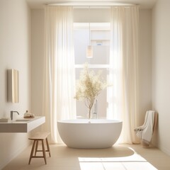 Sunny bathroom setting with a freestanding tub, green plants, and a comfortable, welcoming ambiance