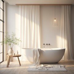 Chic bathroom space enhanced by sunlight filtering through soft drapes and a stylish bathtub