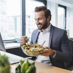 Businessman eating salad in the office. - obrazy, fototapety, plakaty