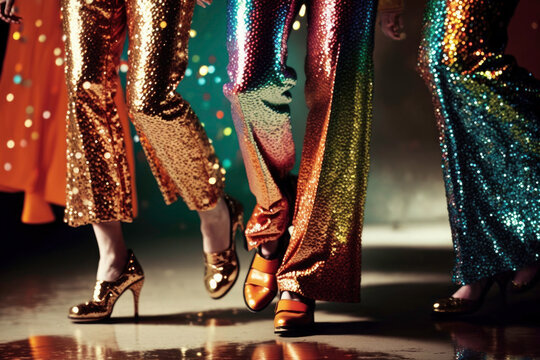 Closeup legs of people dancing in a disco surrounded by lights in colorful shiny clothes and trendy metallic shoes in 70s style. Ilustration, Generative AI
