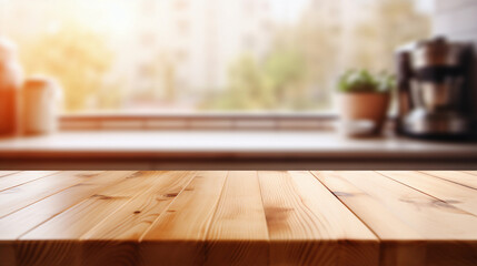Table Tranquility: A Wooden Surface Amidst a Blurred Kitchen Scene