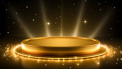 golden pedestal or podium with gold shiny stars background for luxury products. Platform illuminated by spotlights.