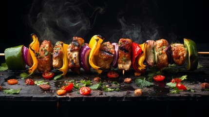 shish kebab on skewer, food photography, 16:9