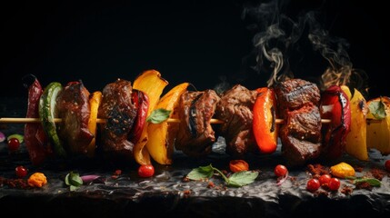 shish kebab on skewer, food photography, 16:9