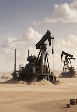 Drilling derricks in a desert oil field to extract crude oil from the ground