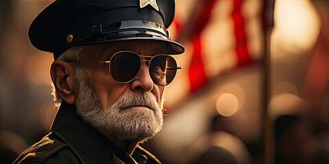 Side view portrait of senior veteran soldier in cap and uniform standing in front of an American flag outdoors
