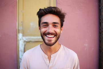 A man with a beard is smiling in front of a pink wall