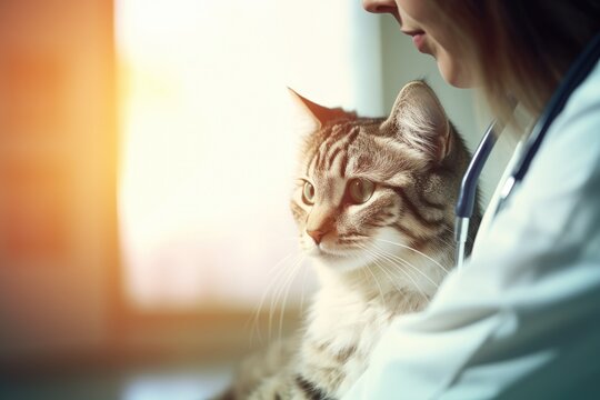  veterinarian doctor with stethoscope holding cute fluffy striped kitten in arms in veterinary clinic 