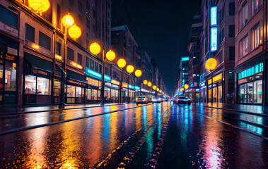 Fototapeta na wymiar Night city, atmospheric neon lights, advertising signs, Generative AI